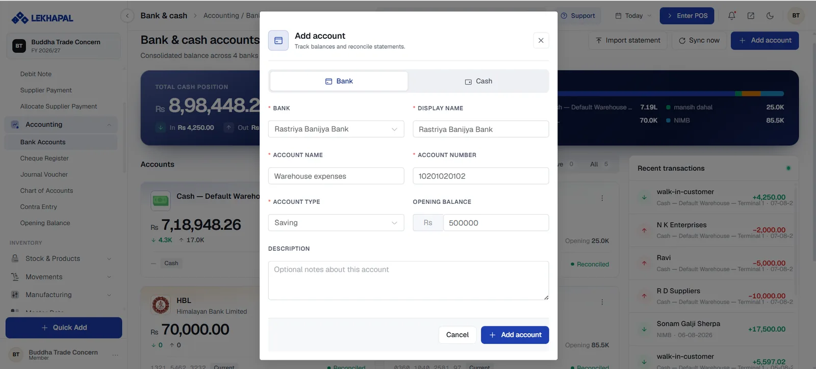 Bank & cash accounts, with the Add account dialog open.