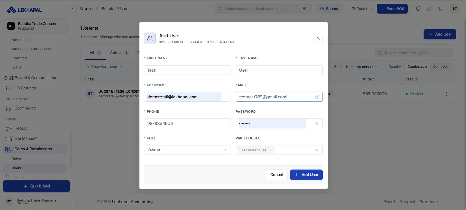 The Users list, with the Add User dialog open.