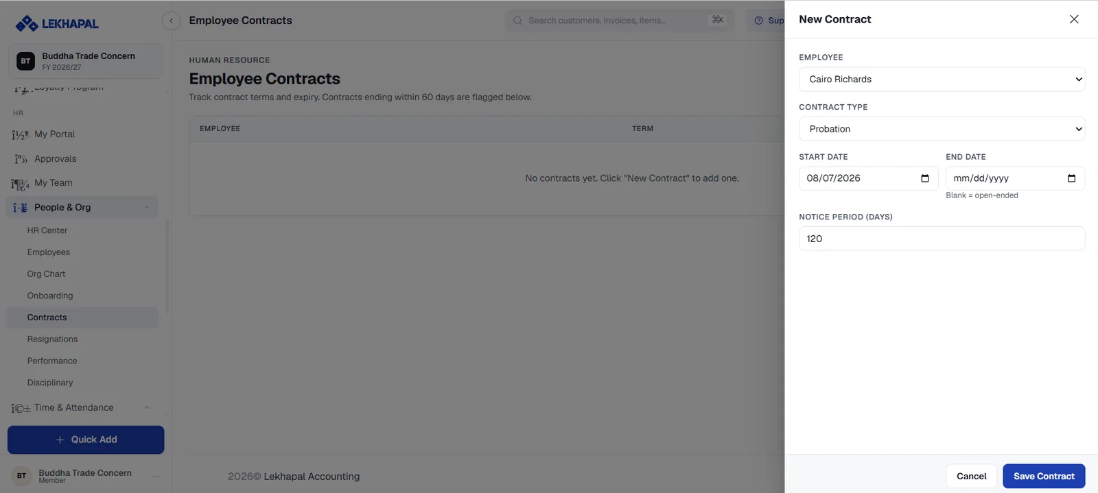 Employee Contracts, with the New Contract panel open.