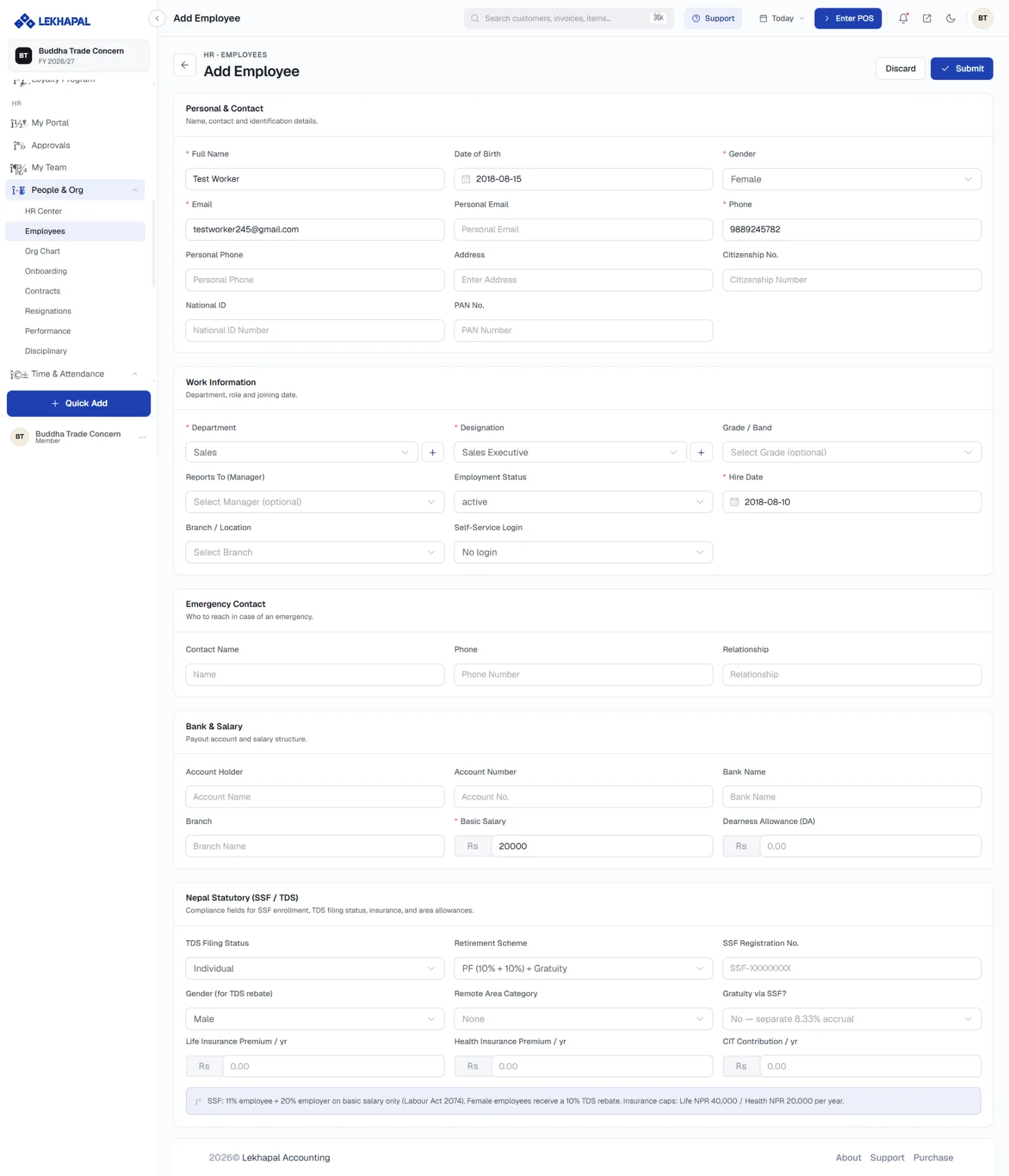 The Add Employee form.