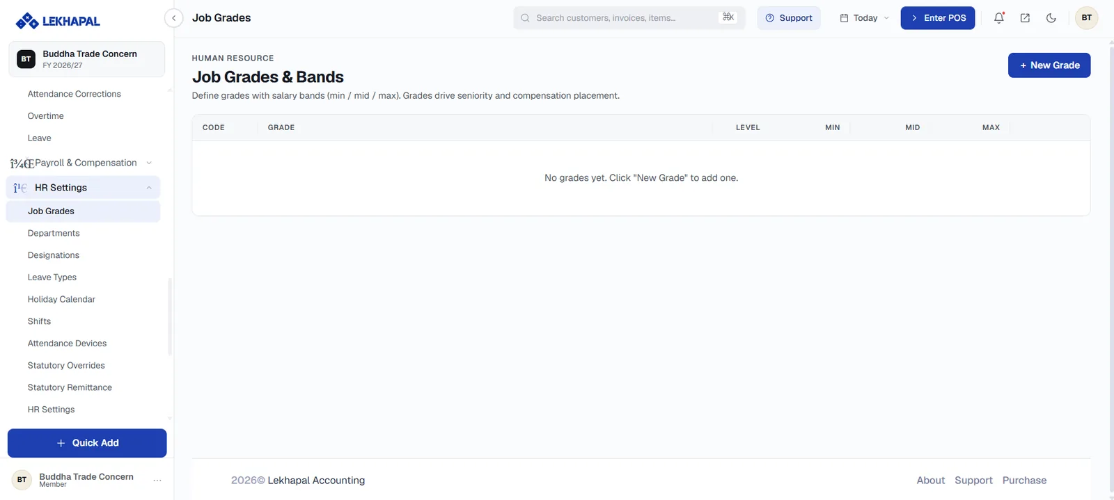 Job Grades & Bands, one of the HR Settings screens.