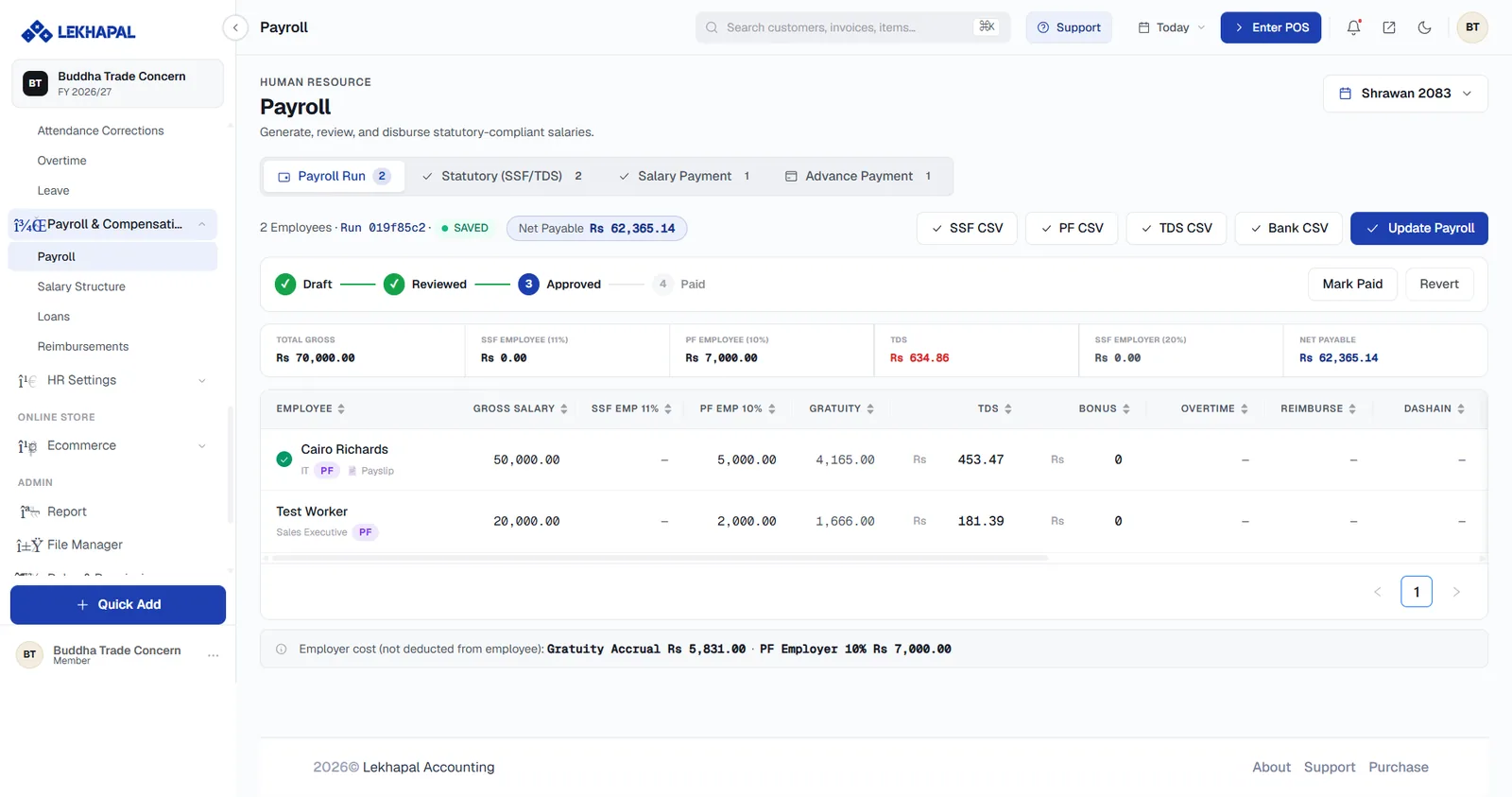 A payroll run at the Approved stage.