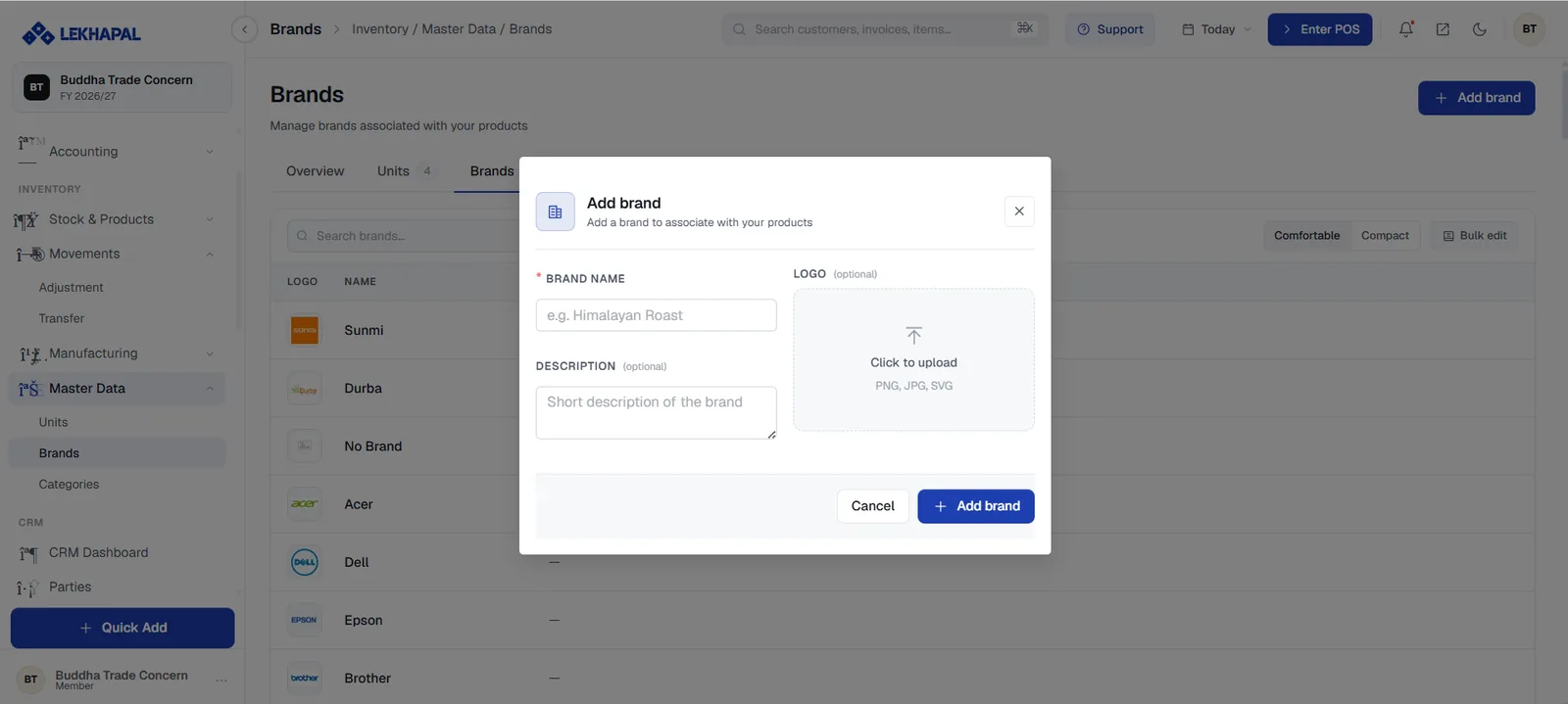 Brands, with the Add brand dialog open.