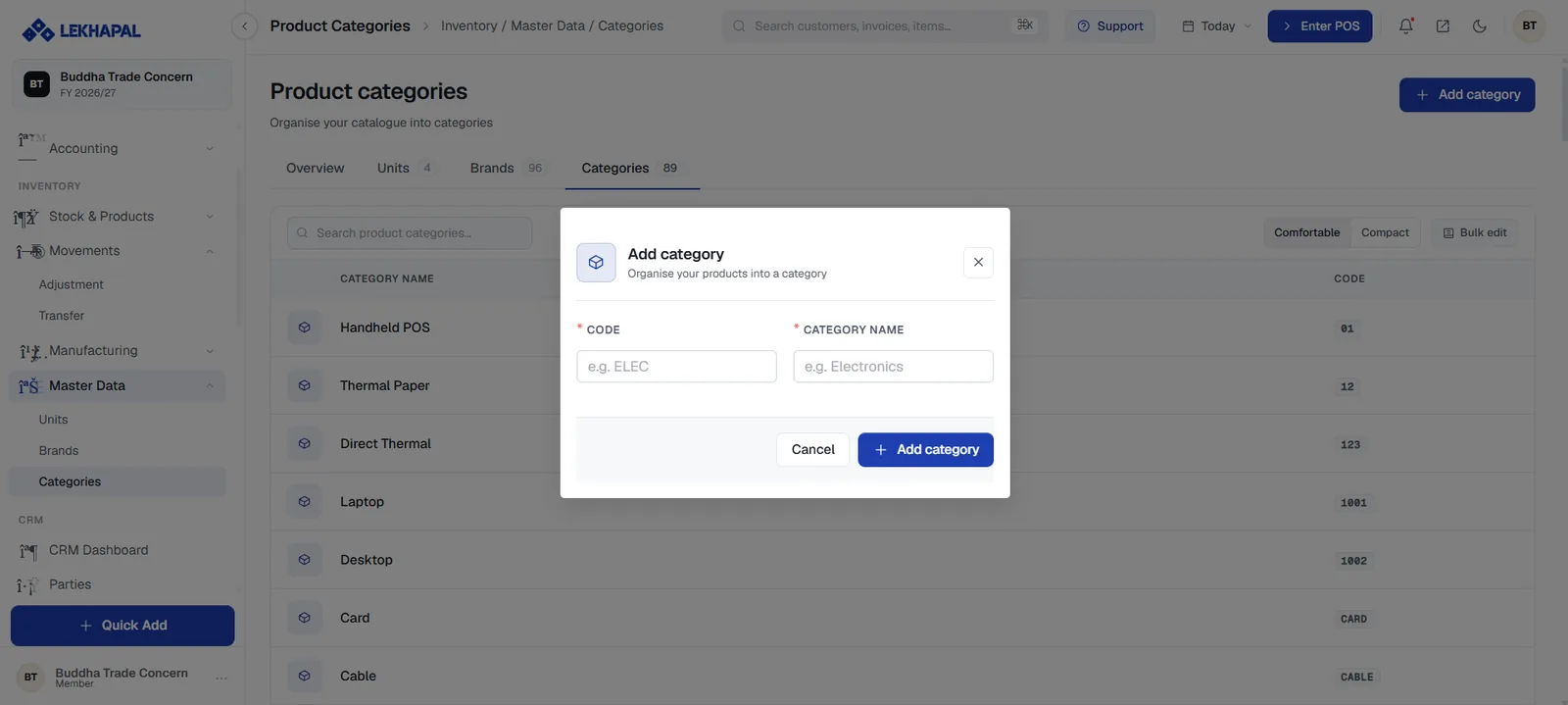 Product categories, with the Add category dialog open.