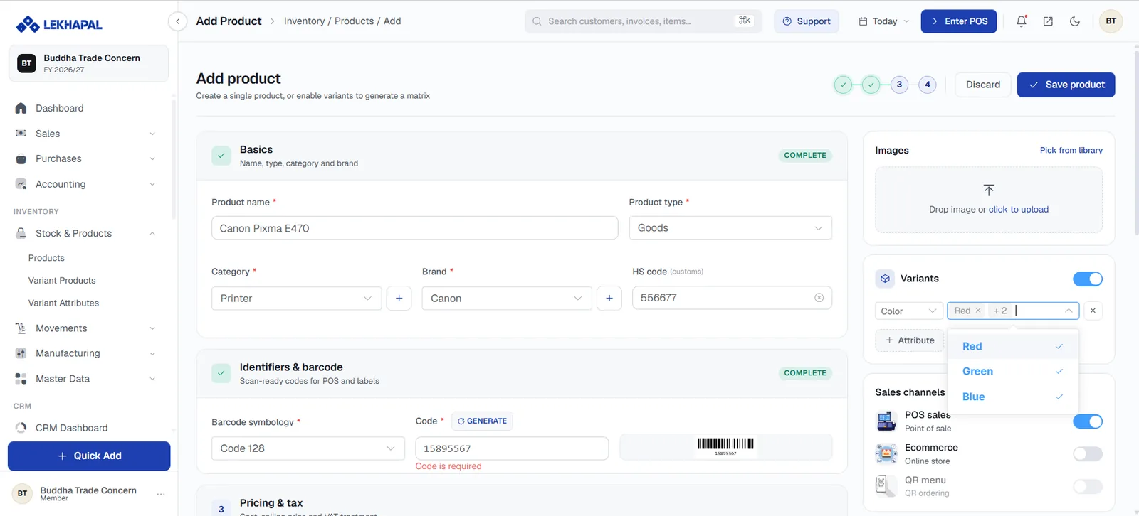 Enabling variants on a product.