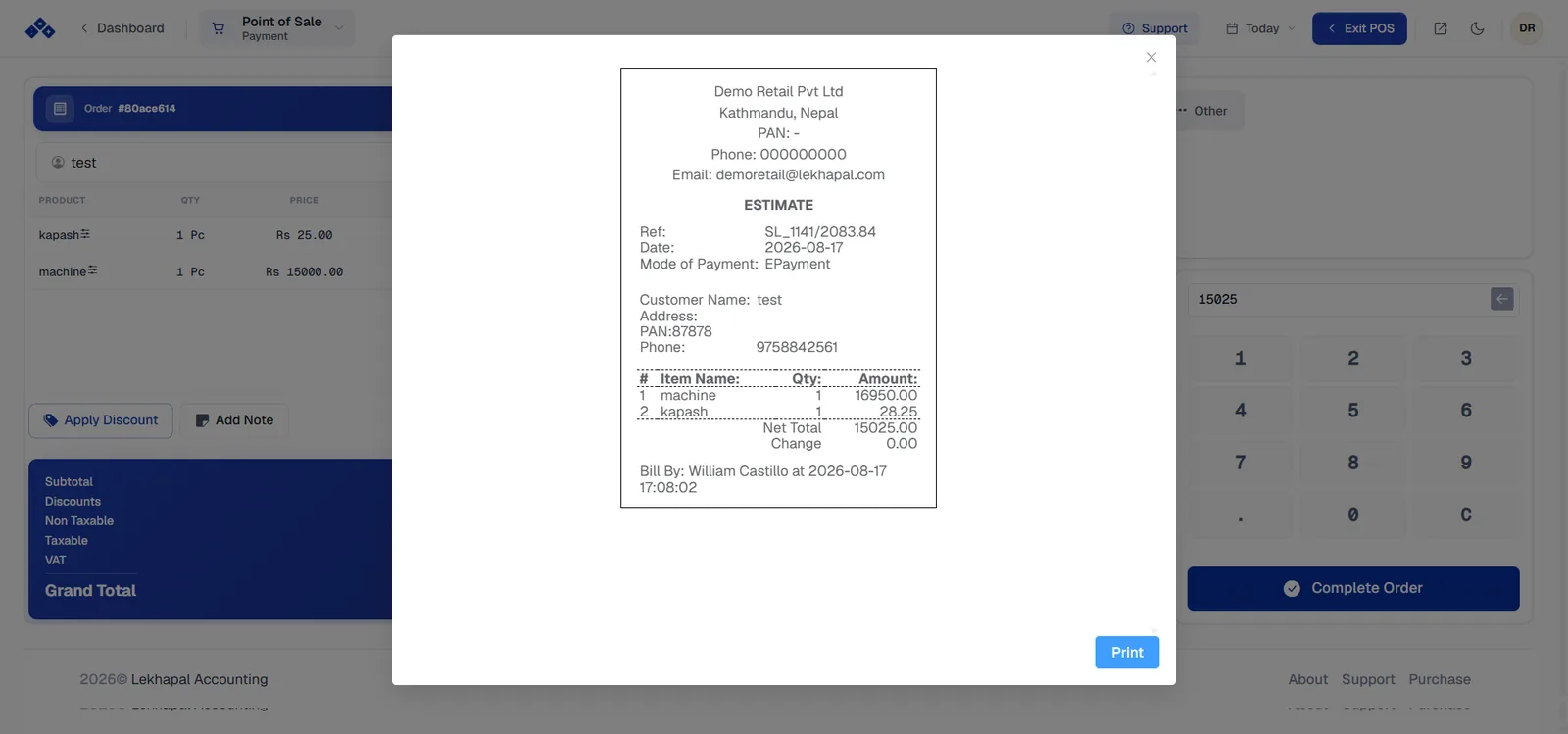 The generated invoice, ready to print.