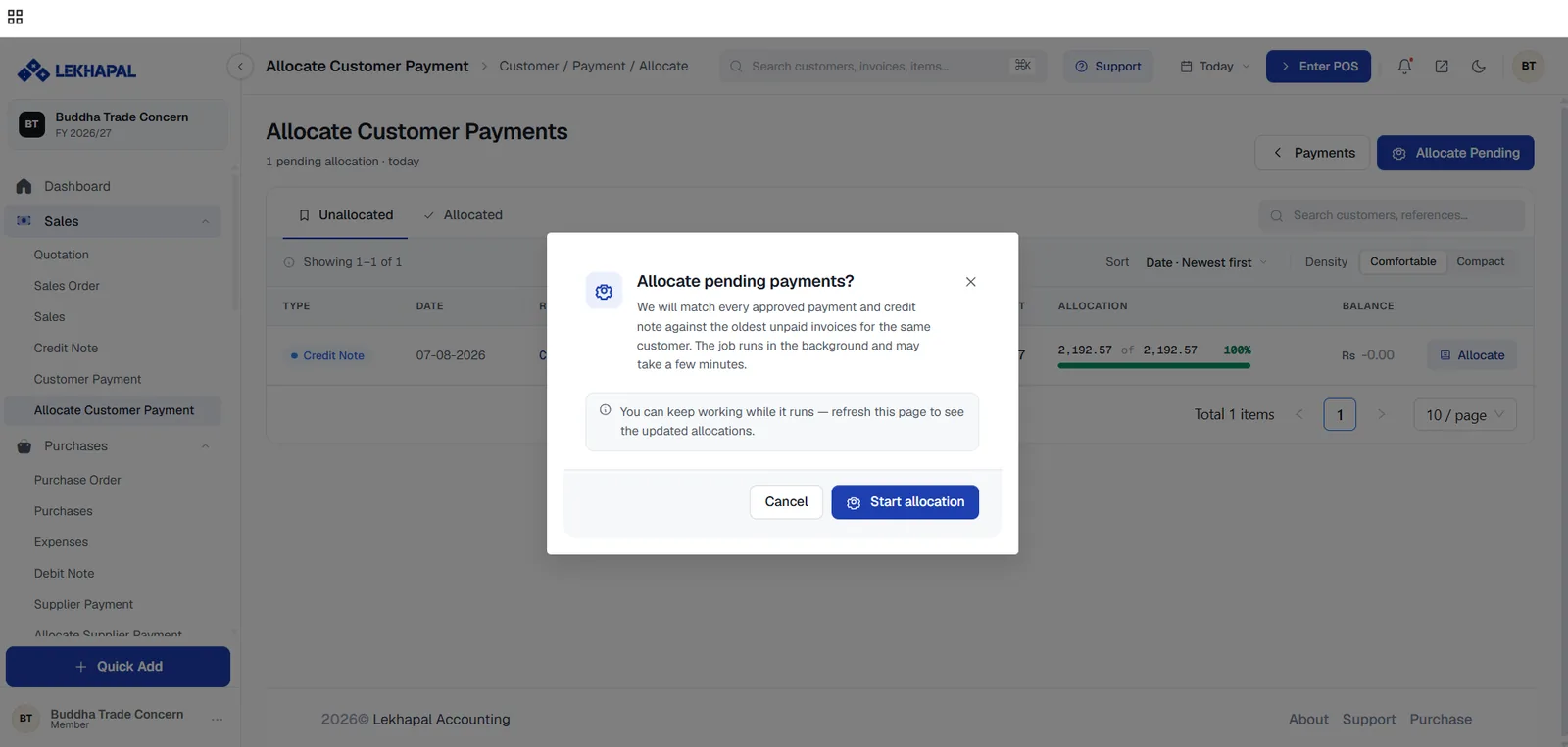 Confirming bulk allocation.