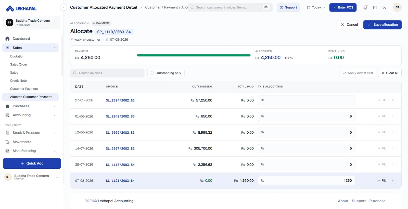 Allocating a payment across invoices.