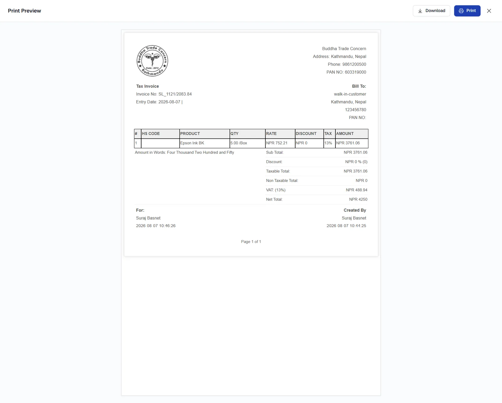 Print preview of the tax invoice.